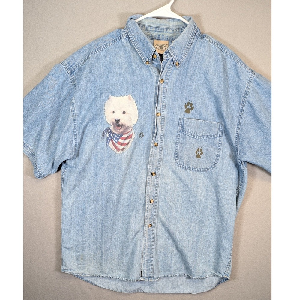 Most Wanted Mens XL Westie Dog American Flag Bandana Denim Short Sleeve Shirt